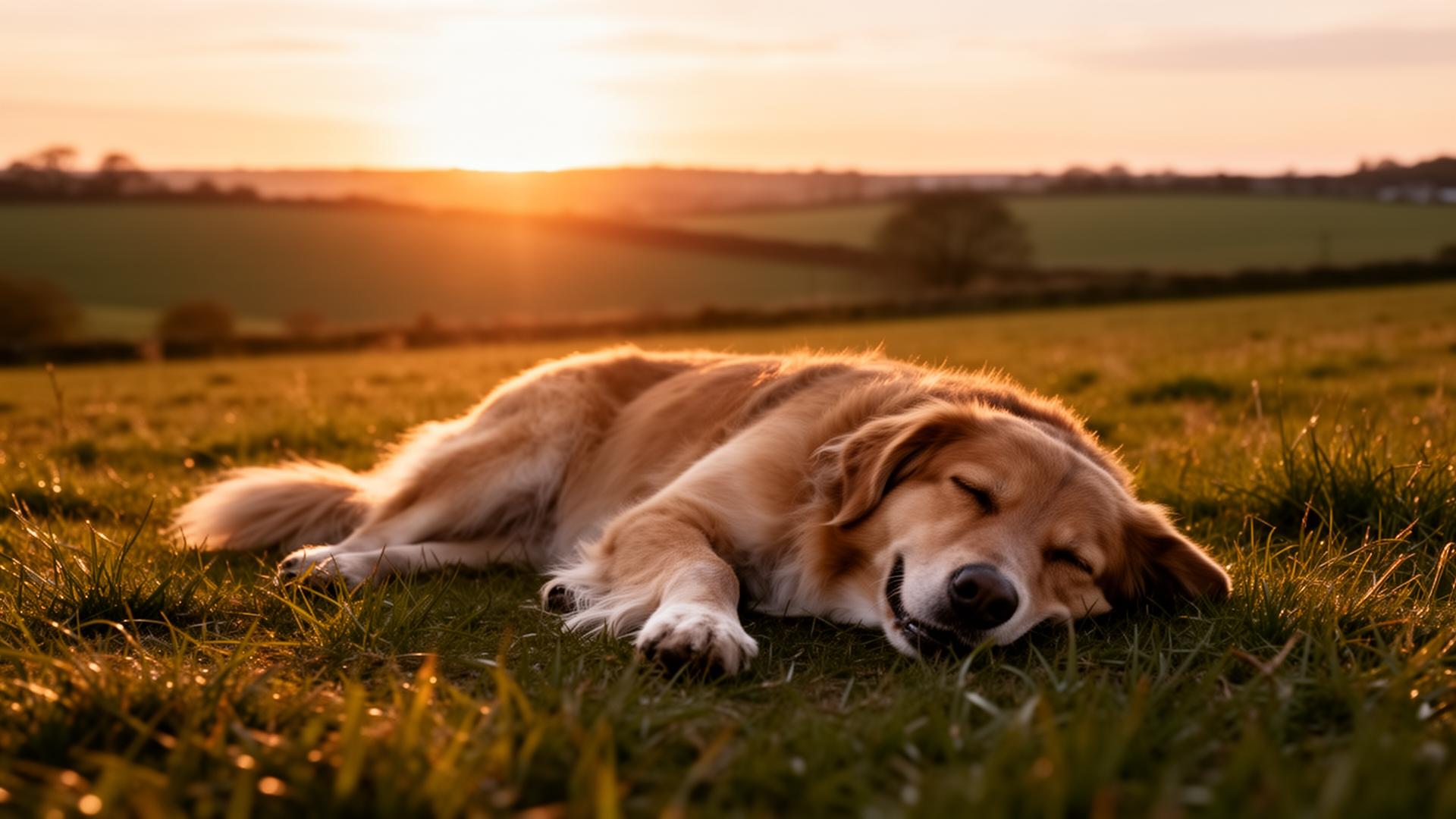 Cão descansando ao pôr do sol em campo rural