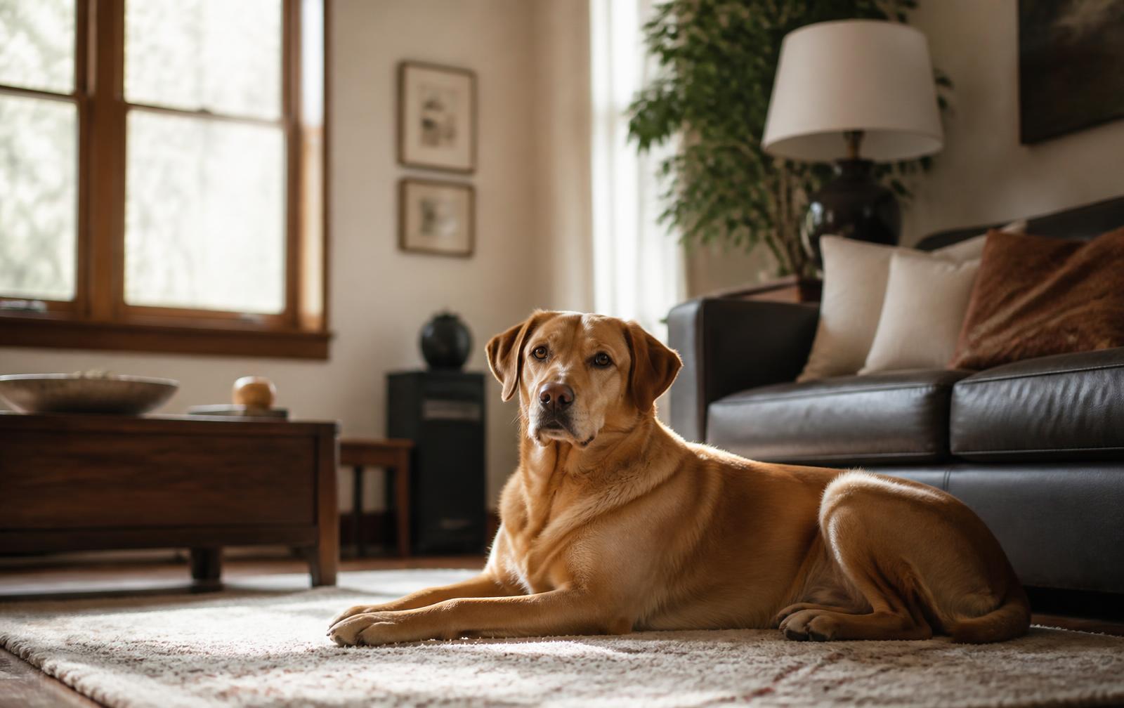 Cão deitado relaxado sozinho na sala de casa
