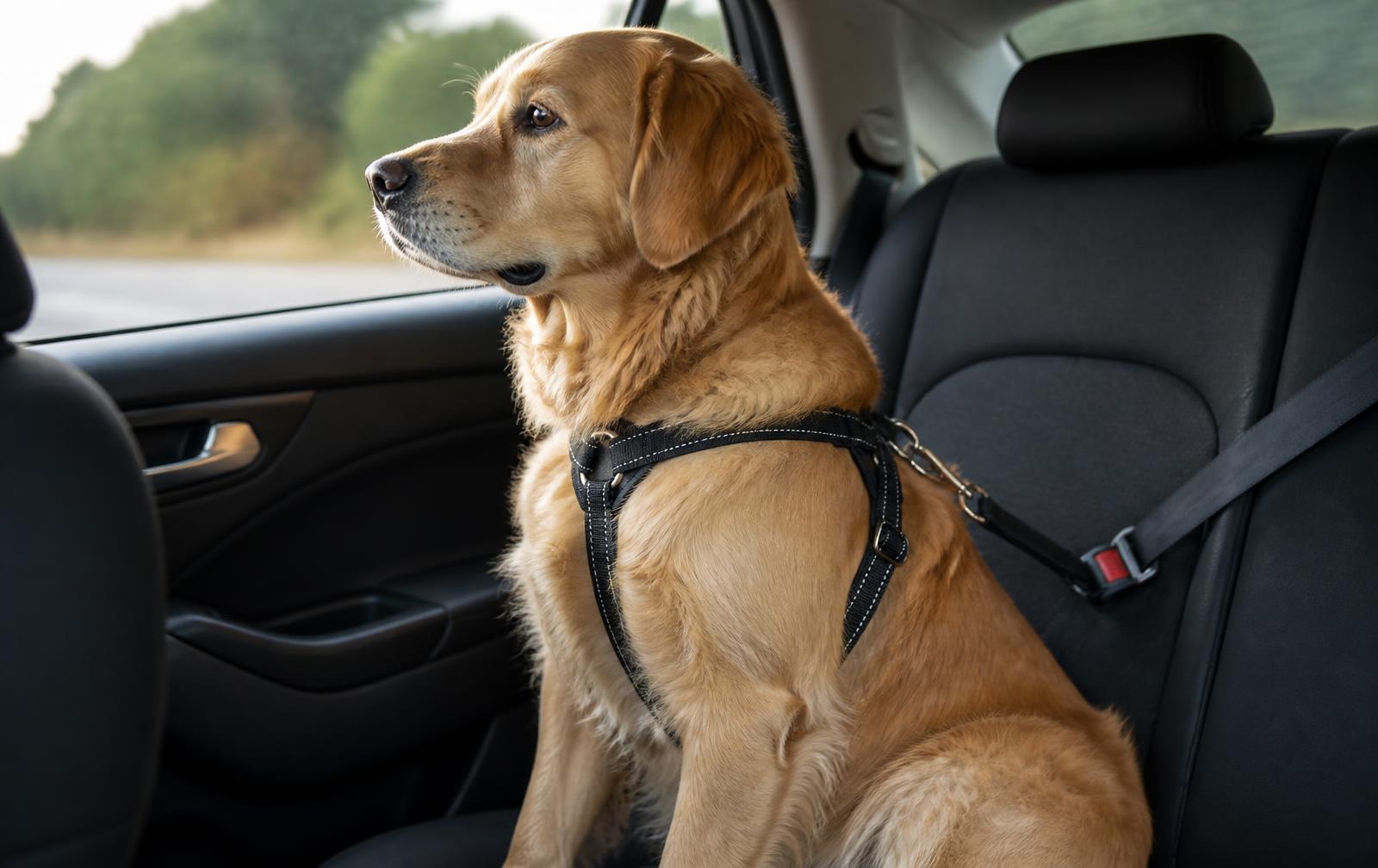 Cão tranquilo e seguro no banco do carro com cinto de segurança pet